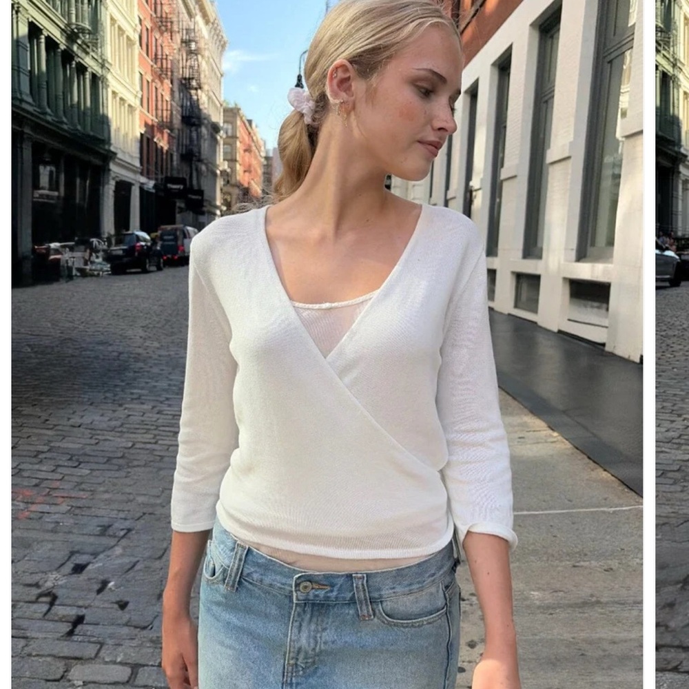 Brandy Melville White Long Sleeve Wrap Top